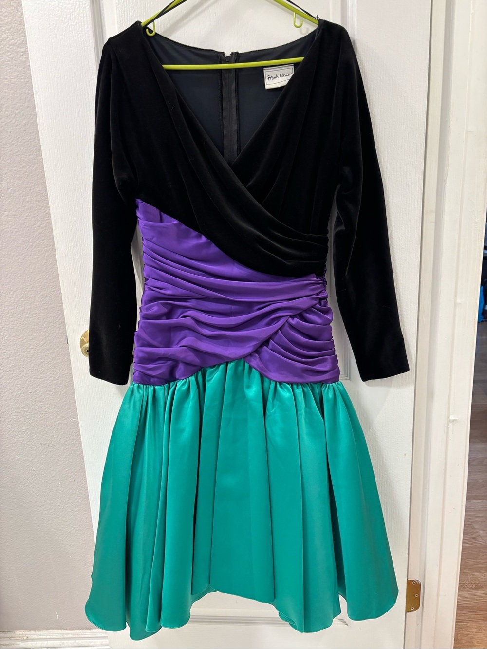 VTG 80s Frank Usher Dress Black Velvet Bodice Purple Ruched Waist Green Skirt